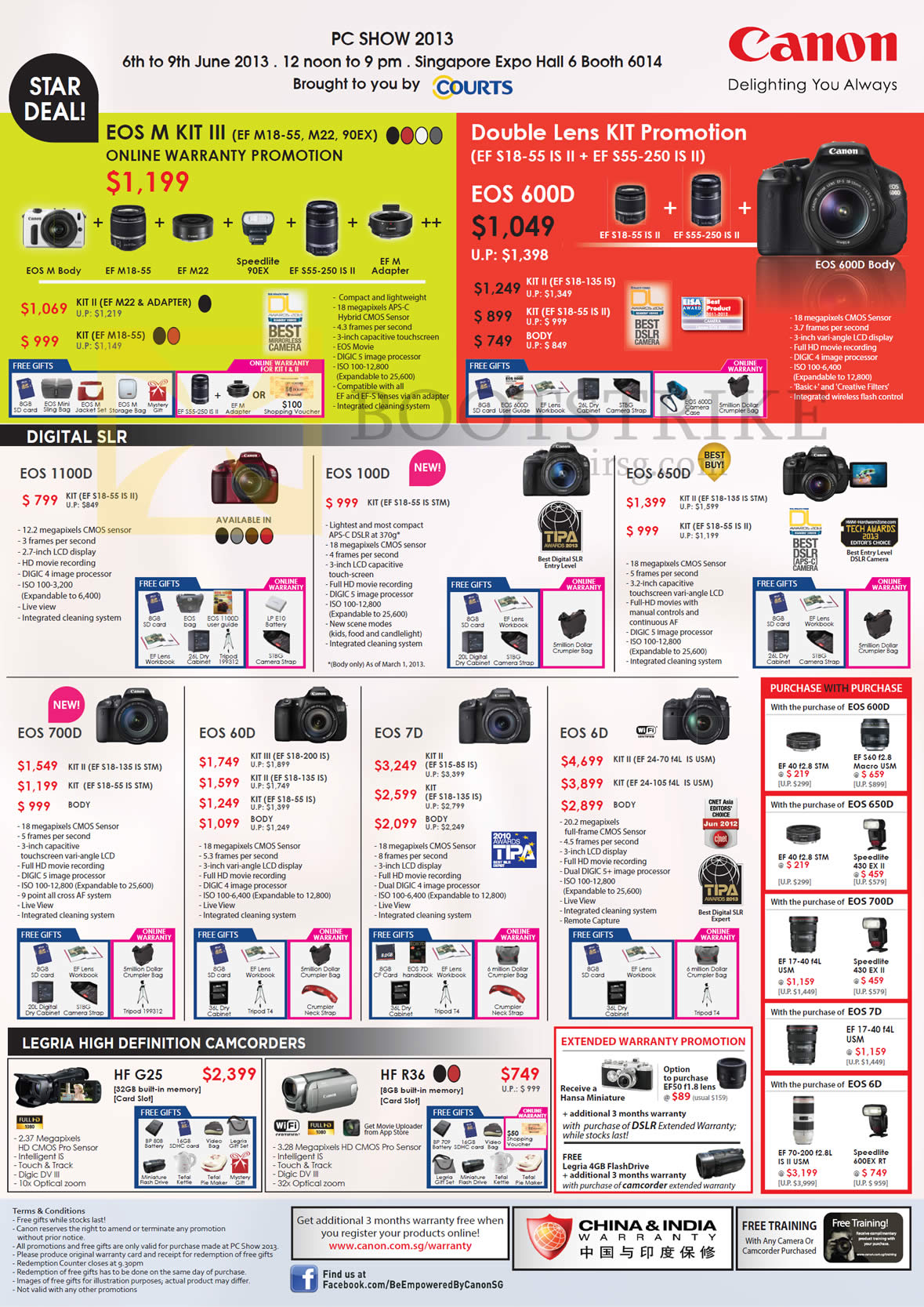 PC SHOW 2013 price list image brochure of Canon Digital Cameras DSLR EOS M, 600D, 1100D, 100D, 650D, 700D, 60D, 7D, 6D, LEGRIA Video Camcorders HF G25, HF R36