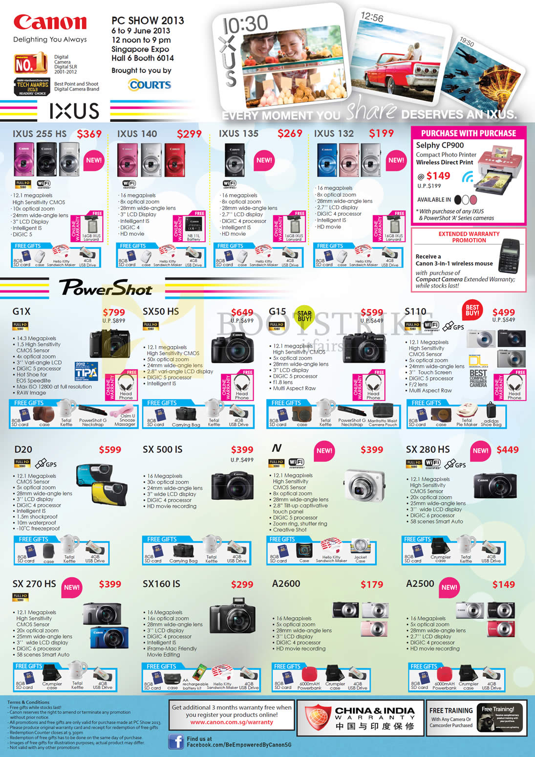 PC SHOW 2013 price list image brochure of Canon Digital Cameras IXUS 255 HS, 140, 135, 132, Powershot G1X, SX50 HS, G15, S110, D20, SX 500 IS, N, SX 280 HS, SX 270 HS, SX160 IS, A2600, A2500