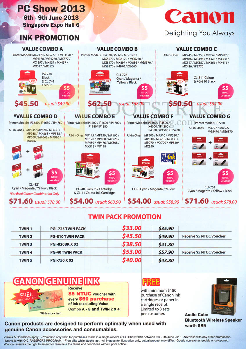 PC SHOW 2013 price list image brochure of Canon Printers Ink Value Combos, Twin Packs