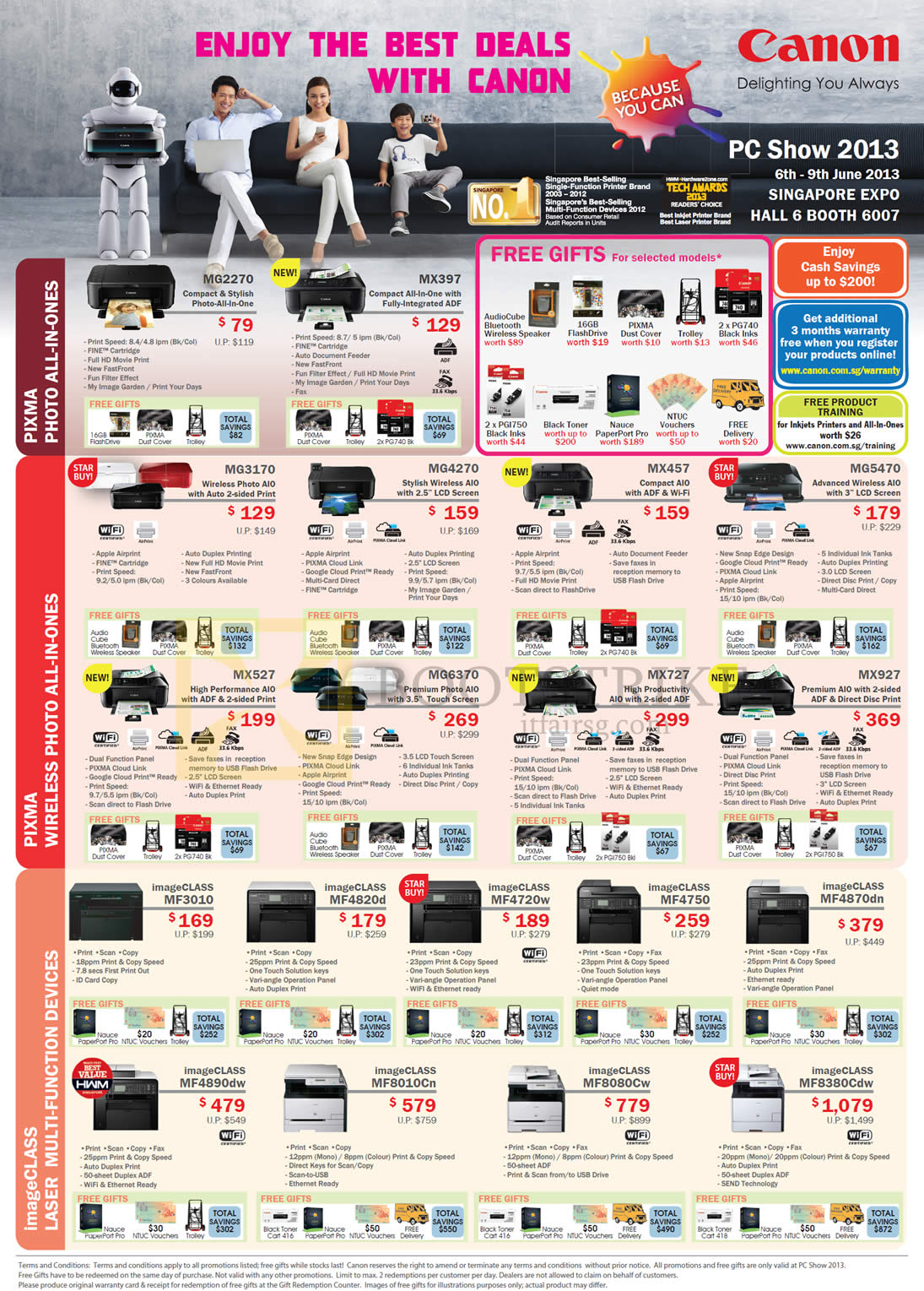 PC SHOW 2013 price list image brochure of Canon Printers Inkjet MG2270, MX397, MG3170, MG4270, MX457, MG5470, MX927, Laser ImageCLASS MF3010, MF4820d, MF4720w, MF8010Cn, MF8080Cw, MF8380Cdw