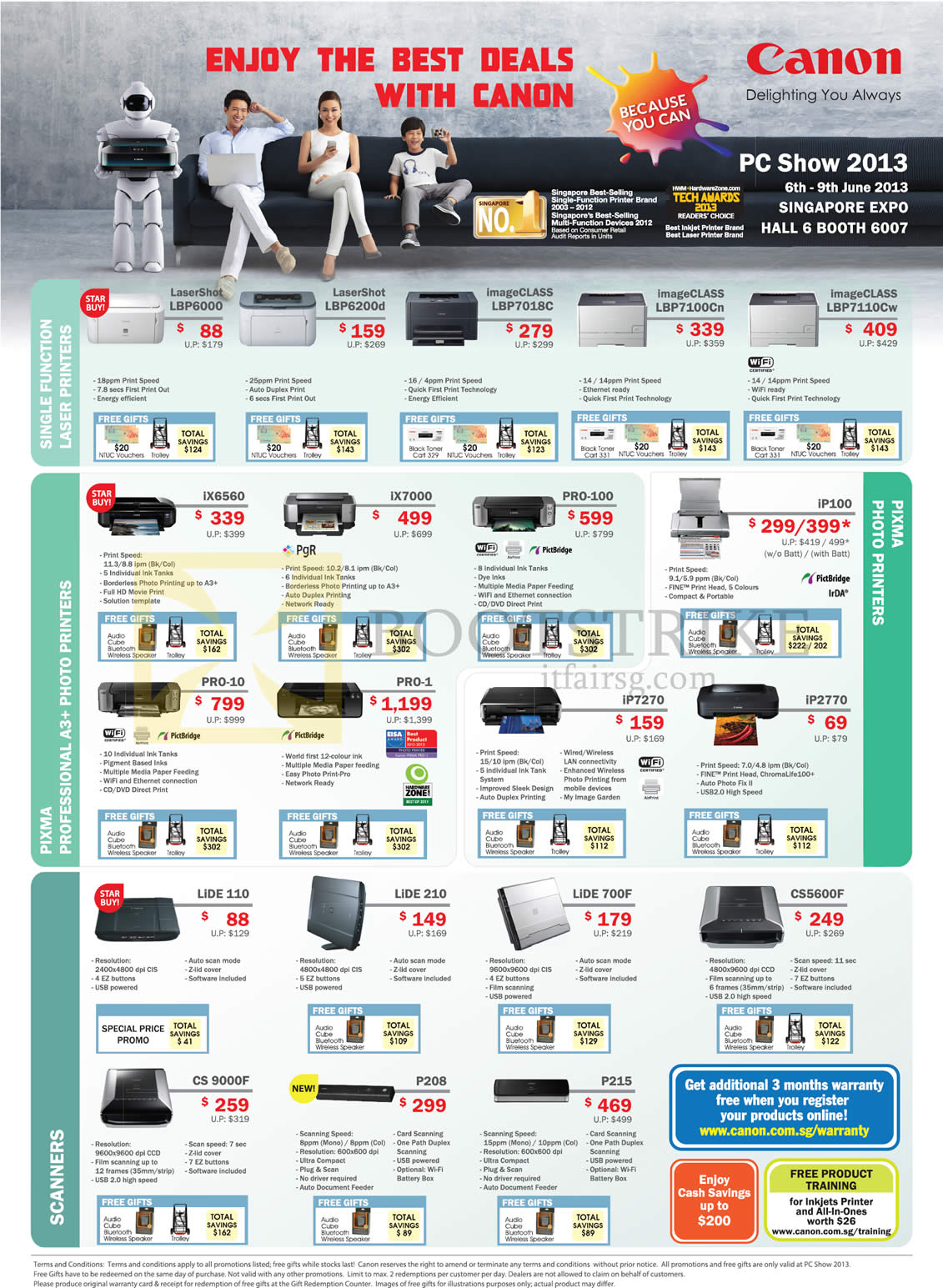 PC SHOW 2013 price list image brochure of Canon Printers Scanners LaserShot, LBP6000, LBP7100Cn, LBP7110Cw, IX6560, IX7000, PRO-100, IPlOO, IP7270, PRO-1, PRO-10, LiDE 110, 210, 700F, P208, CS 9000F