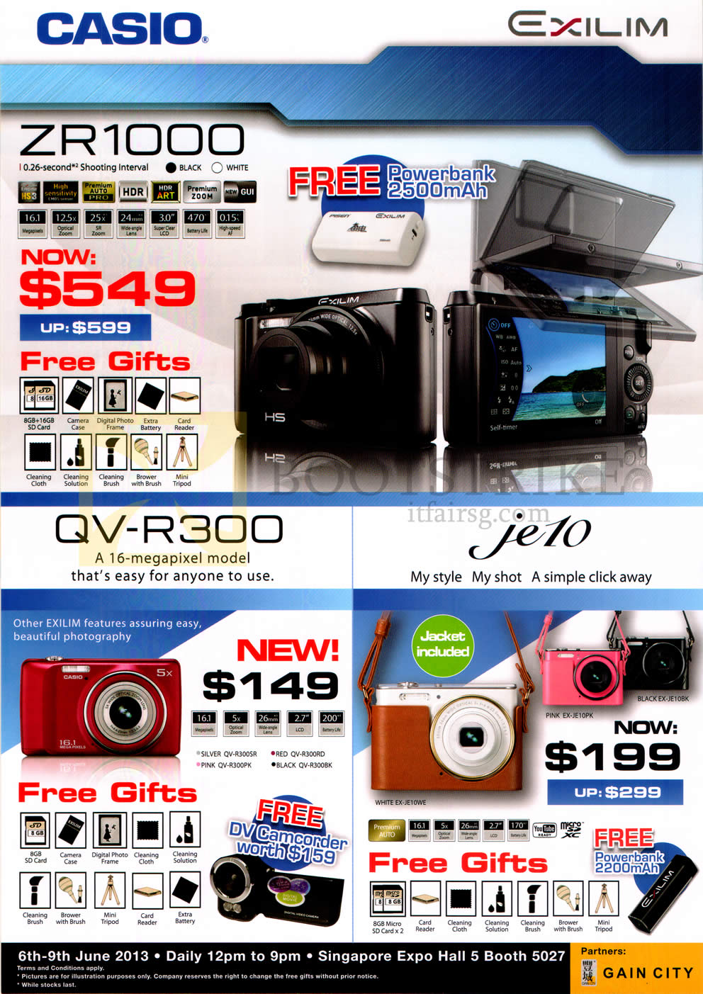 PC SHOW 2013 price list image brochure of Casio Digital Cameras ZR1000, QV-R300, JE10
