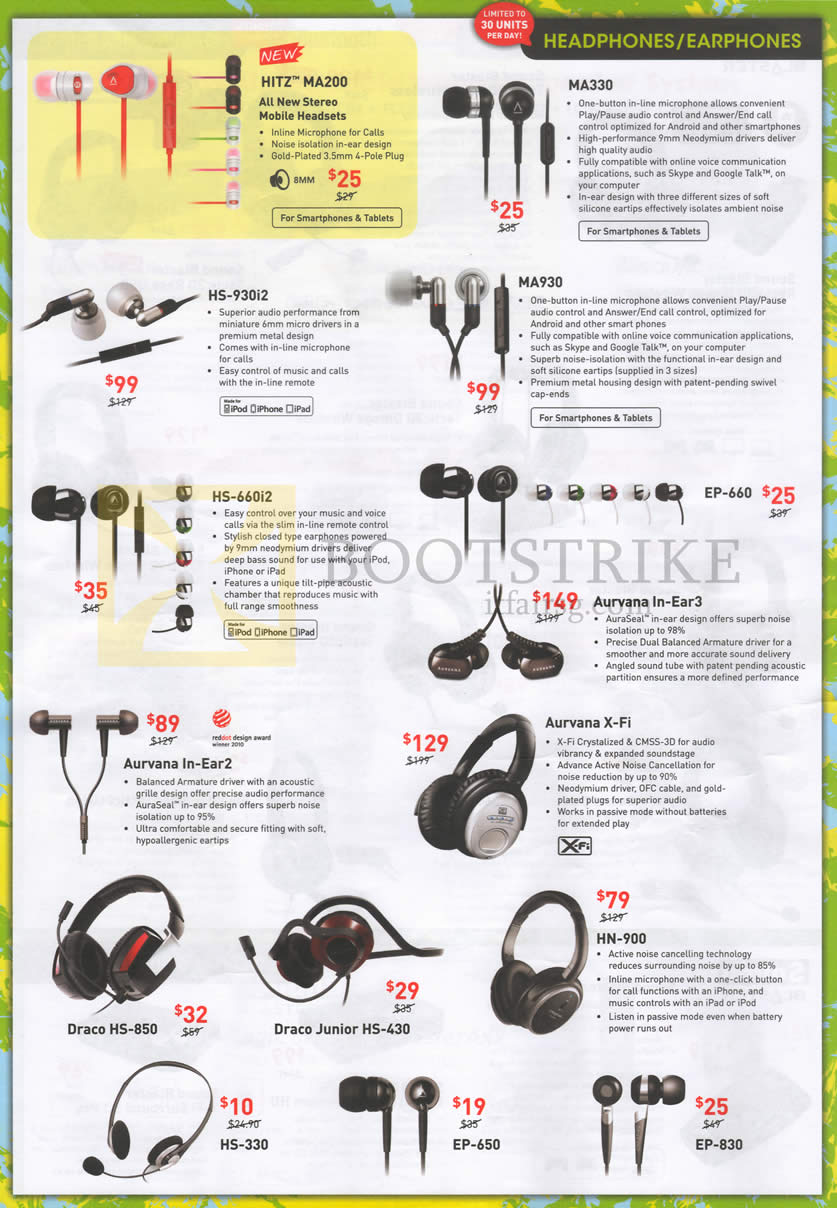 PC SHOW 2013 price list image brochure of Creative Earphones Hitz MA200 MA330 HS-930i2 MA930 HS-660i2, Aurvana In-Ear2 In-Ear3, EP 650 830, X-Fi Headphones, Draco