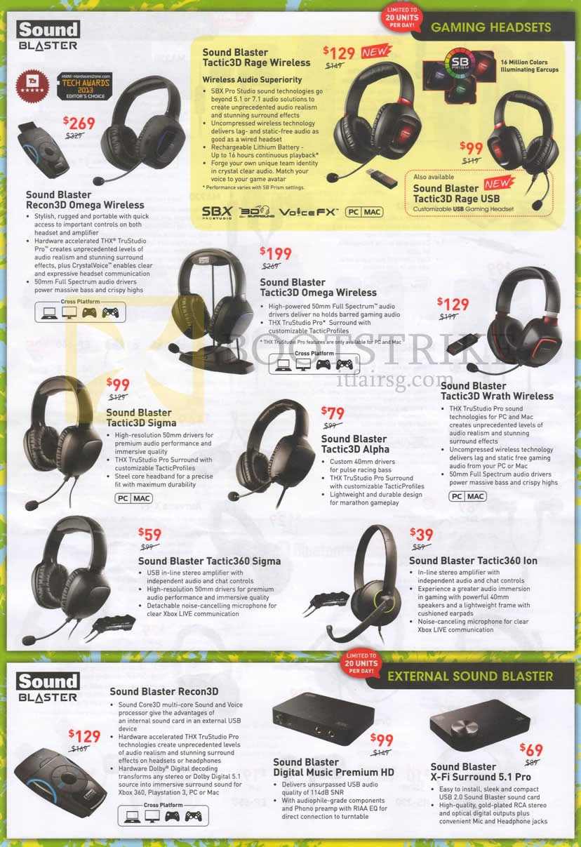 PC SHOW 2013 price list image brochure of Creative Sound Blaster Headsets Recon3D Omega, Tactic3D Rage, Sigma, Alpha, Wrath, External Sound Blaster Digital Music Premium HD, X-Fi Surround
