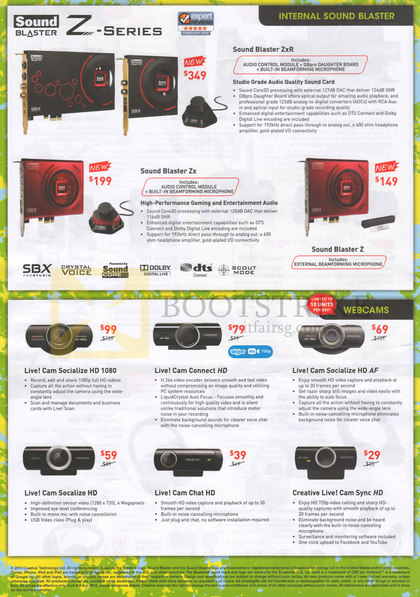 PC SHOW 2013 price list image brochure of Creative Sound Cards Z Series Sound Blasters, ZxR, Zx, Z, Webcams Live Cam Socialize HD, Connect HD, Chat HD, Sync HD, AF