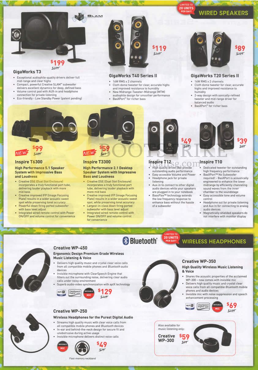 PC SHOW 2013 price list image brochure of Creative Speakers GigaWorks T3, T40 Series II, T20 Series II, Inspire T12 T10, T6300 T3300, Wireless Headphones WP-450 350 250