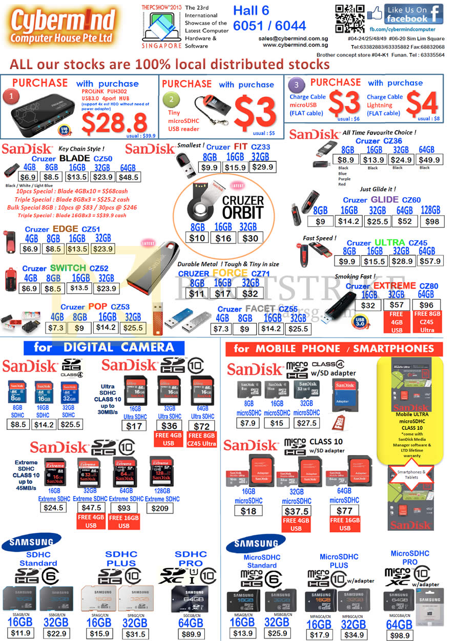 PC SHOW 2013 price list image brochure of Cybermind Flash Drive USB Sandisk Cruzer Edge Switch, Fit, Orbit, Glide, Facet, Ultra, SDHC Memory, MicroSDHC