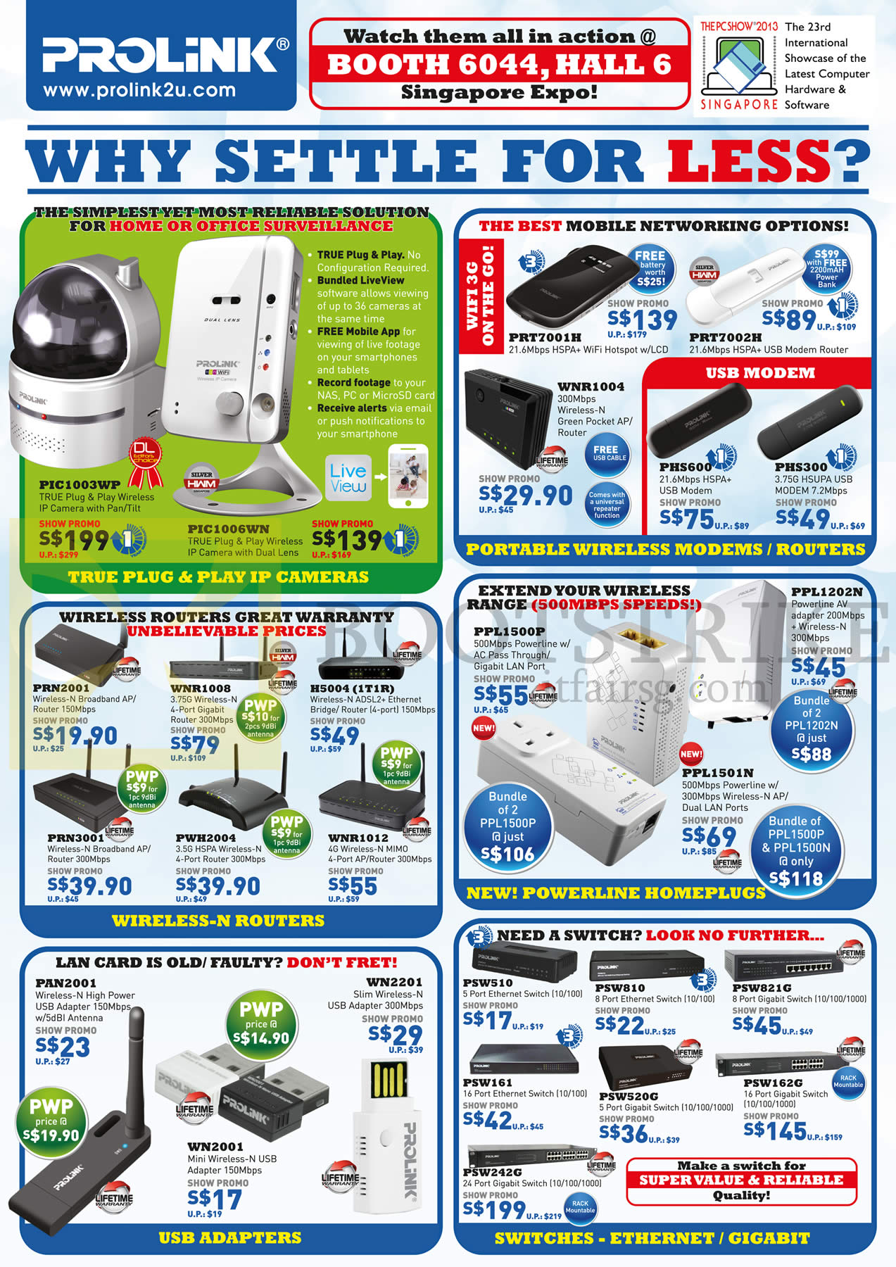 PC SHOW 2013 price list image brochure of Cybermind Prolink PIC1003WP IPCam, 3G WiFi Hotspot, Modem Router, Powerline HomePlugs Adapter, LAN Card, Switches