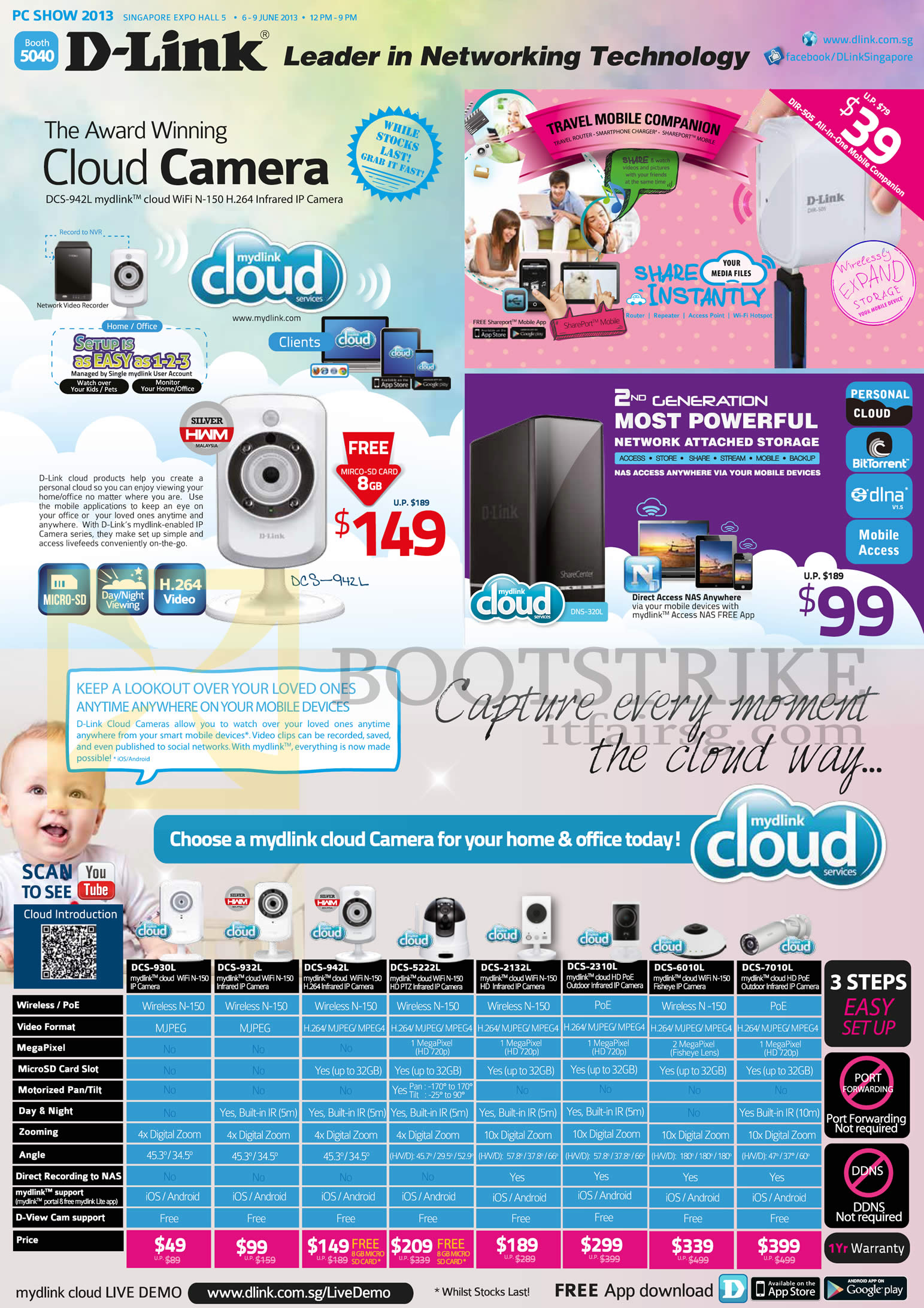 PC SHOW 2013 price list image brochure of D-Link Networking DCS-942 Mydlink Cloud IPCam, NAS, DCS 930L 932L 942L 5222L 2132L 2310L 6010L 7010L