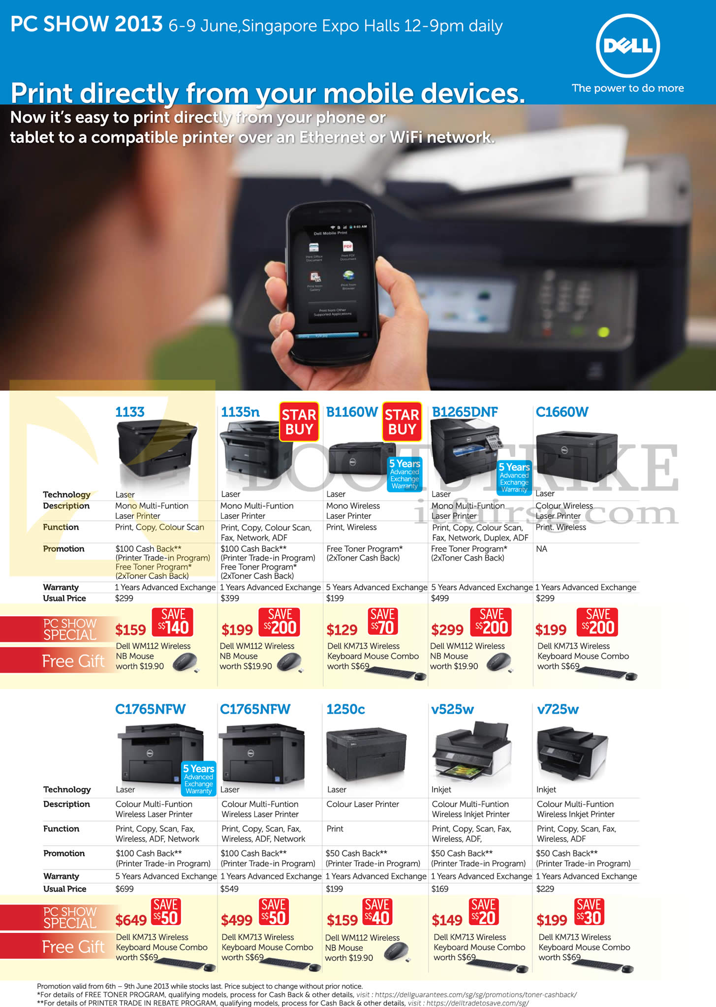 PC SHOW 2013 price list image brochure of Dell Printers 1133, 1135n, B1160W, B1265DNF, C1660W, C1765NFW, 1250C, V525W, V725W
