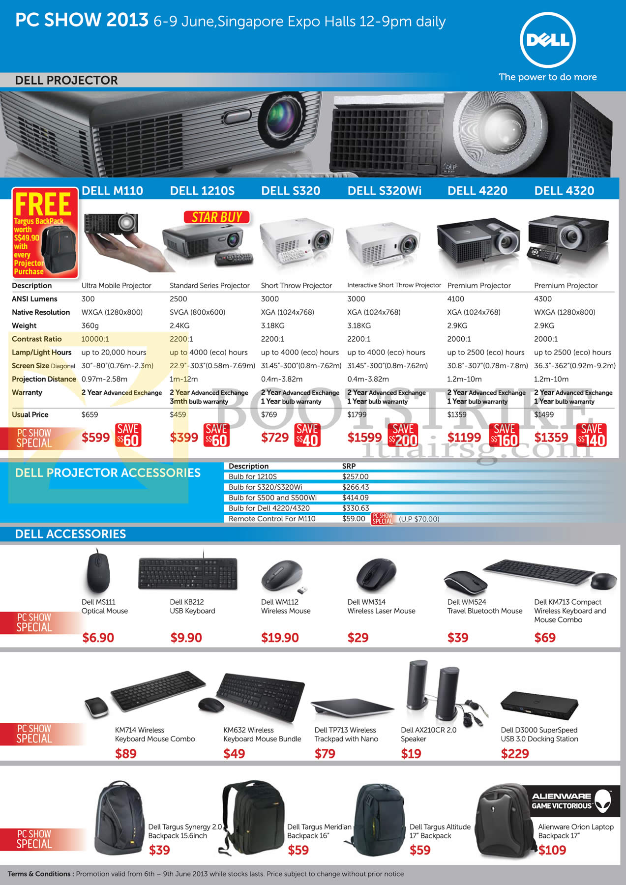 PC SHOW 2013 price list image brochure of Dell Projectors M110 1210S S320 S320Wi 4220 4320, Keyboards, Mouse, Bags, Speakers