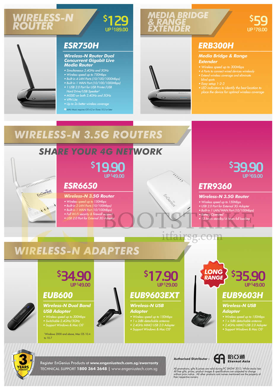PC SHOW 2013 price list image brochure of Engenius Networking Routers ESR750H, ESR6650, ETR9360, Adapters EUB600, EUB9603EXT, EUB9603H, Extender ERB300H