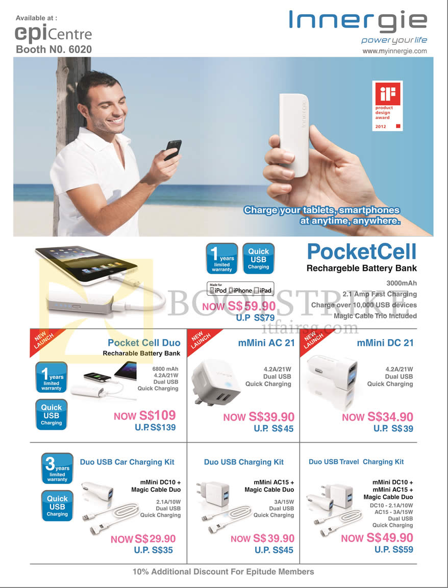 PC SHOW 2013 price list image brochure of Epicentre Innergie PocketCell Portable Chargers, MMini AC21, DC 21, Duo USB Car Charging Kit, MMini DC10 AC15, Magic Cable
