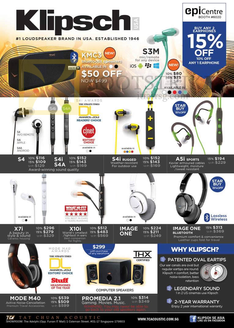 PC SHOW 2013 price list image brochure of Epicentre Klipsch KMC3 Bluetooth Speakers, Earphones S4, S4i, S4A, S4i, A5i, X7i, X10i, Headphones Image One, Mode M40, Promedia 2.1