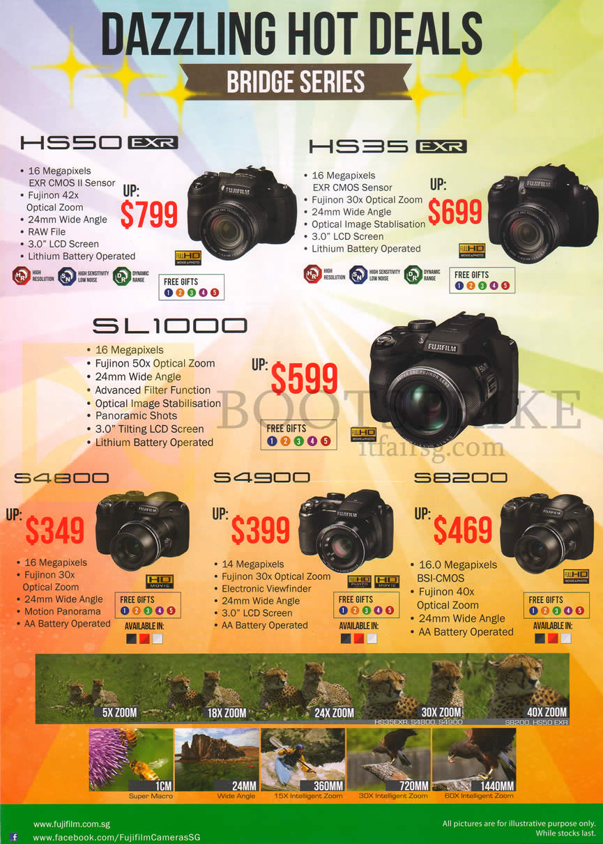 PC SHOW 2013 price list image brochure of Fujifilm Digital Cameras HS50EXR, HS35EXR, SL1000, S4800, S4900, S8200
