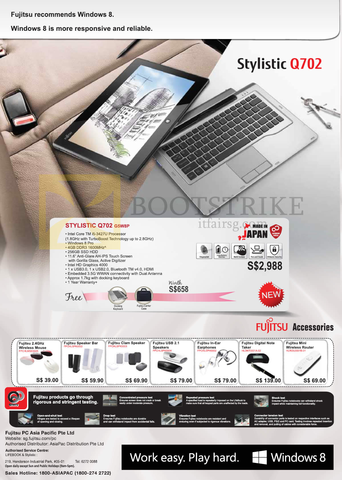 PC SHOW 2013 price list image brochure of Fujitsu (Newstead B6028) Stylistic Q702 G58WP Tablet, Accessories, Mouse, Speakers, Earphones
