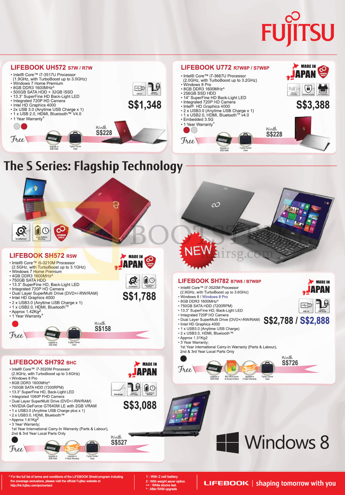 PC SHOW 2013 price list image brochure of Fujitsu Notebooks (Newstead B6028) Lifebook UH572 S7W R7W, U772 R728P S7W8P, SH572 R5W, SH782 B7W8 B7W8P, SH792 BHC