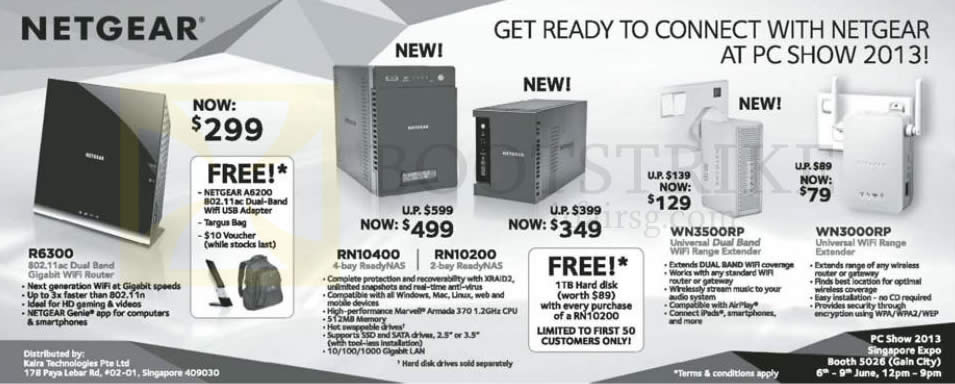 PC SHOW 2013 price list image brochure of Gain City Netgear Networking R6300 Router, NAS RN10400, RN10200, WN3500RP Wireless Extender, WN3000RP