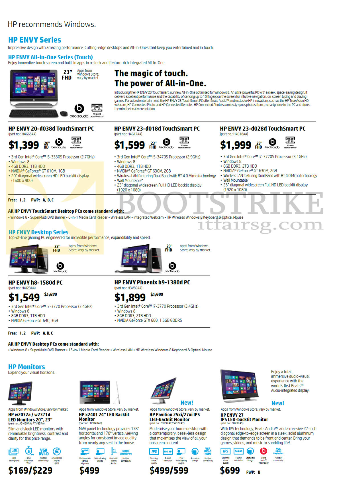 PC SHOW 2013 price list image brochure of HP Desktop PCs AIO Monitors, Envy 20-d038d, 23-d018d, 23-d028d, Envy H8-1580d, Phoenix H9-1380d, W2072a, W2371d, X2401, Envy 27, Pavilion 25xi, 27xi