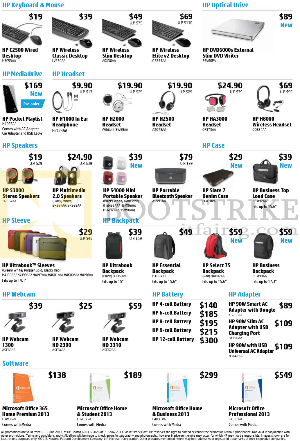PC SHOW 2013 price list image brochure of HP Keyboards, Mouses, Optical Drives, Media Drives, Headset, Speakers, Backpacks, Webcams, Batteries, Softwares