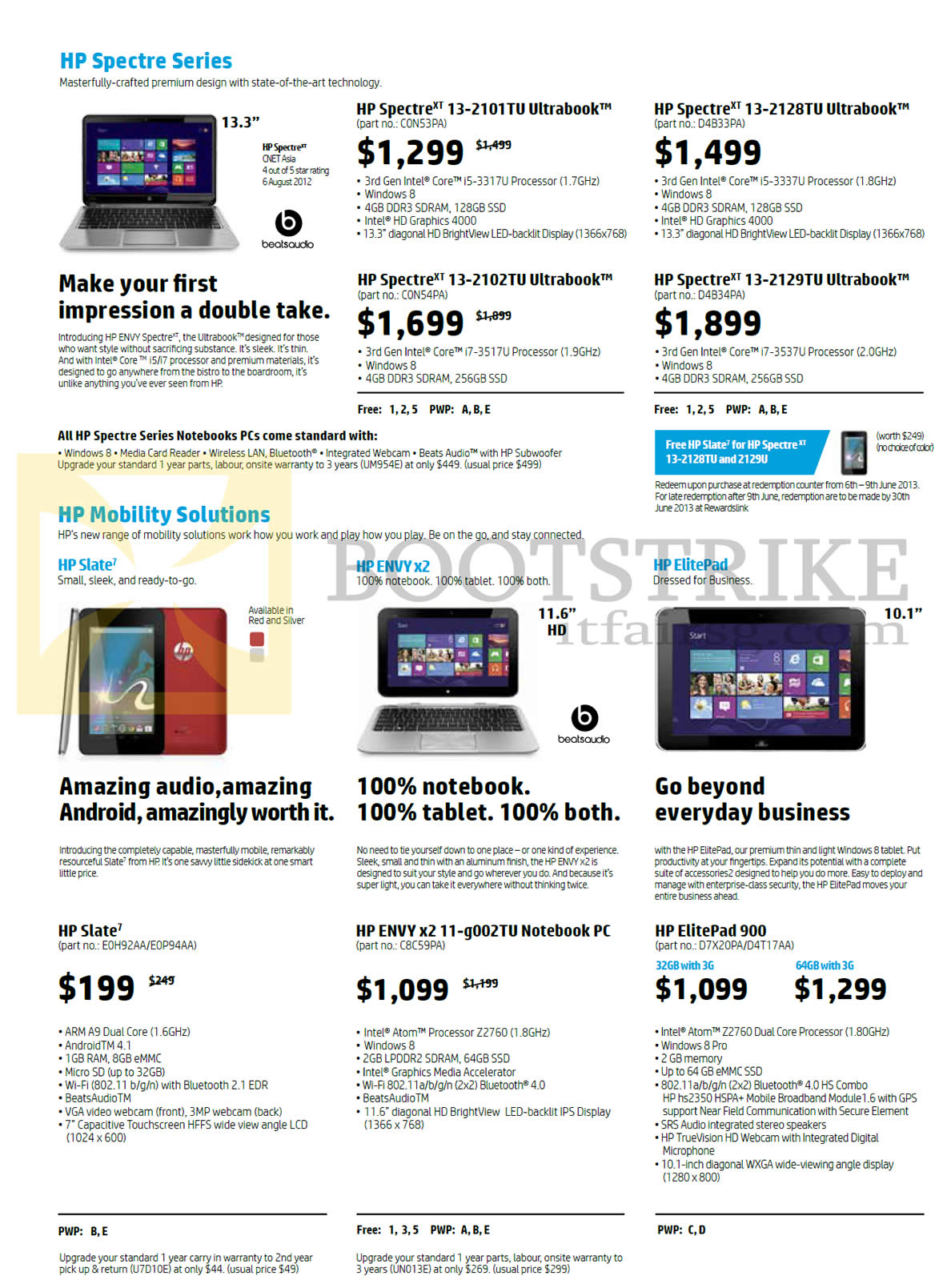PC SHOW 2013 price list image brochure of HP Notebooks Spectre 13-2102TU, 2128TU, 2102TU, 2129TU, Slate 7, Envy X 211-g002 TU, ElitePad 900