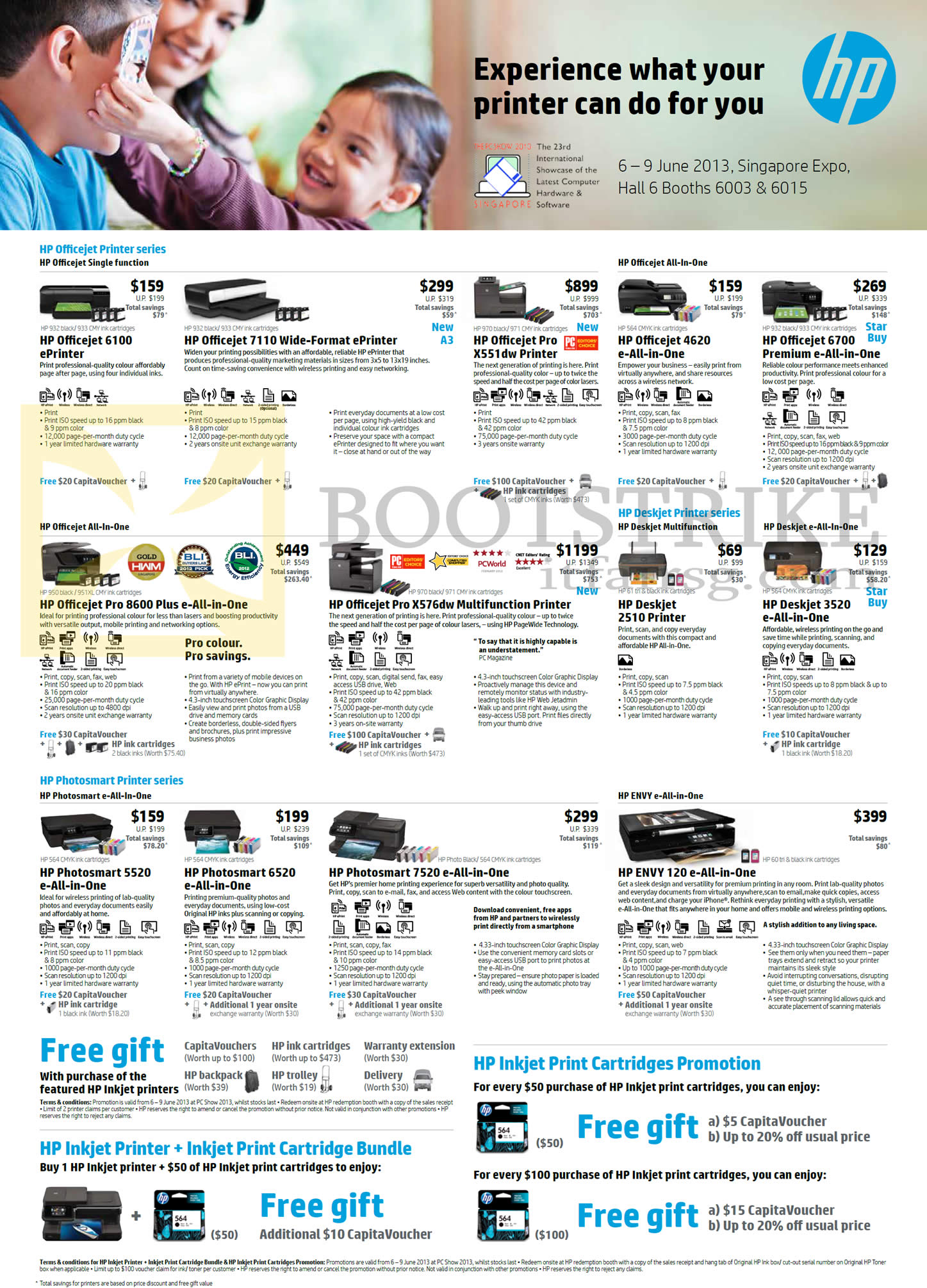 PC SHOW 2013 price list image brochure of HP Printers Inkjet Officejet 6100, 7110, X551dw, 4620, 6700, 8600, X576dw, Deskjet 2510, 3520, Photosmart 5520, 6520, 7520, Envy 120