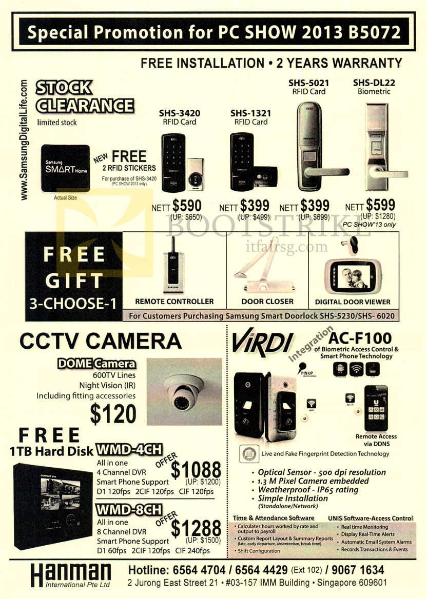 PC SHOW 2013 price list image brochure of Hanman Samsung Digital Door Locks, TV Camera, Virdi AC-F100