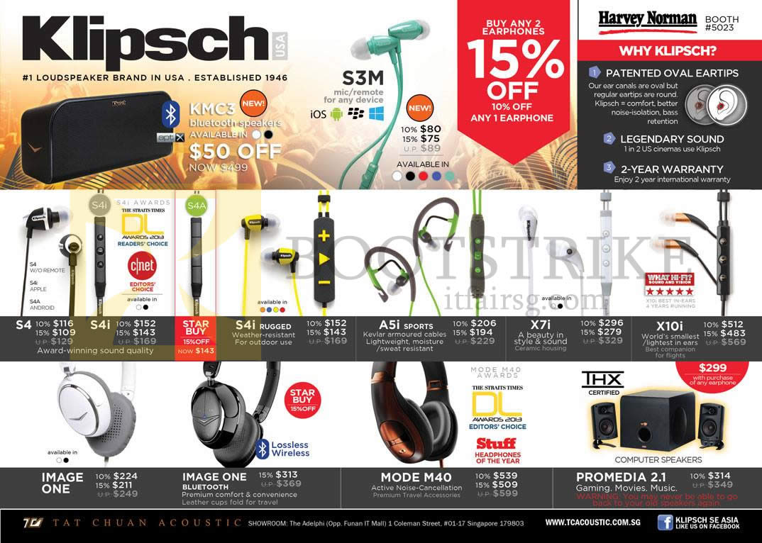PC SHOW 2013 price list image brochure of Harvey Norman Klipsch Earphones S3M, KMC3 Bluetooth Wireless Speakers, S4, S4i, A5i, X7i, X10i, Headphones Image One, Mode M40, Promedia 2.1
