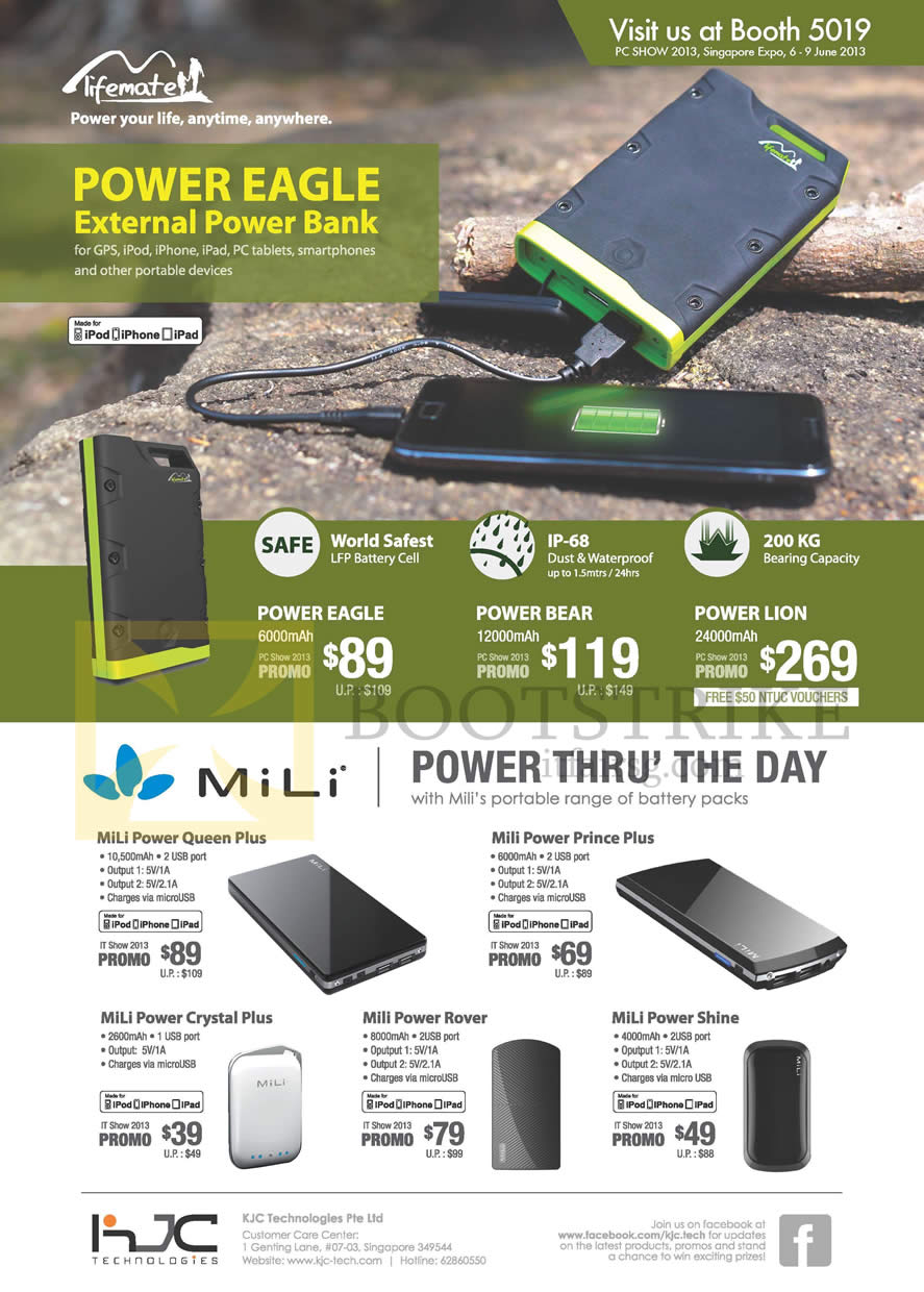 PC SHOW 2013 price list image brochure of KJC Portable Chargers, Lifemate, Power Eagle, Bear, Lion, MiLi Queen Plus, Prince, Crystal, Rover, Shine