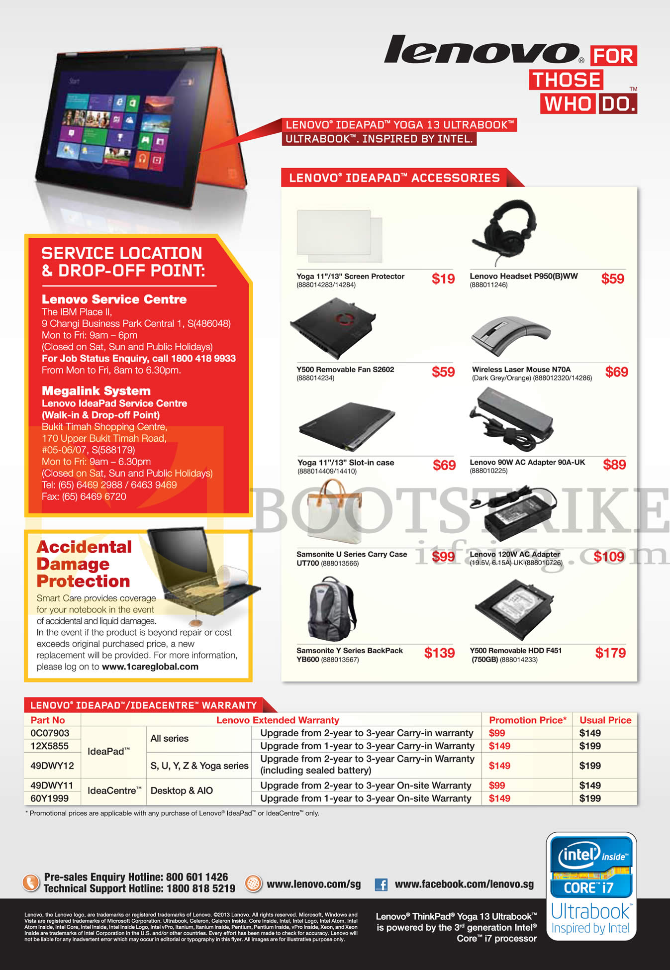 PC SHOW 2013 price list image brochure of Lenovo Accessories Ideapad Laser Mouse, AC Adapter, Removable HDD, Backpack, Fan, Service Centre