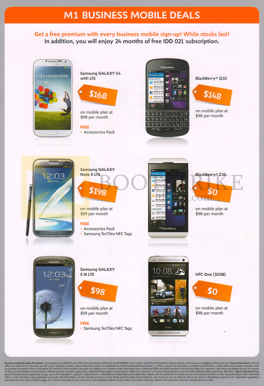 PC SHOW 2013 price list image brochure of M1 Business Mobile Samsung Galaxy S4, Note II LTE, S III LTE, HTC One, Blackberry Z10, Blackberry Q10