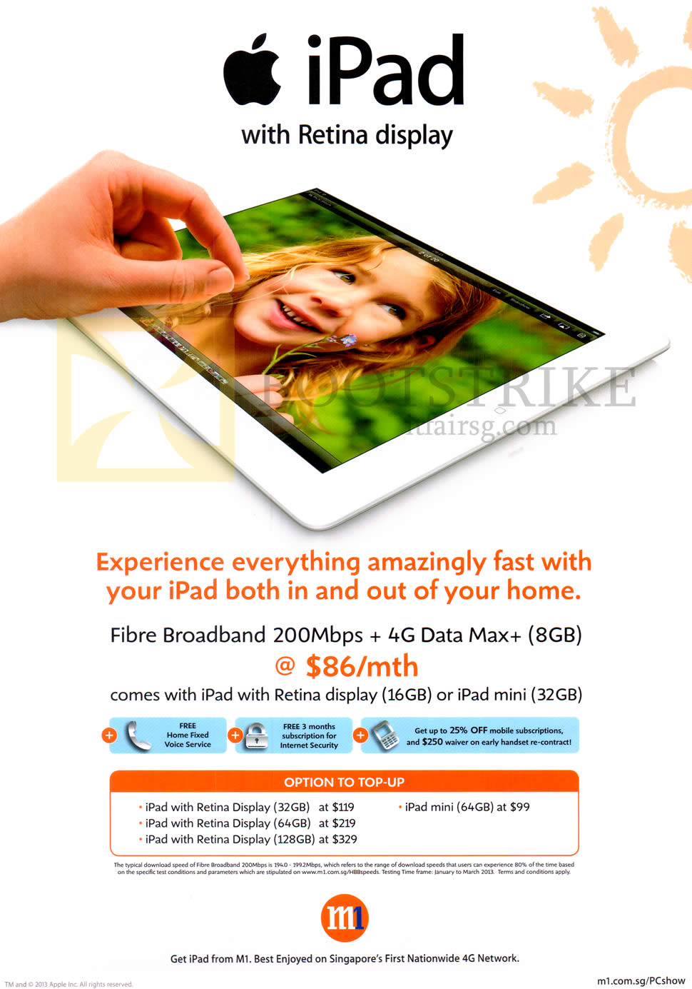 PC SHOW 2013 price list image brochure of M1 Fibre Broadband 200Mbps, Free Apple IPad 4, Apple IPad Mini