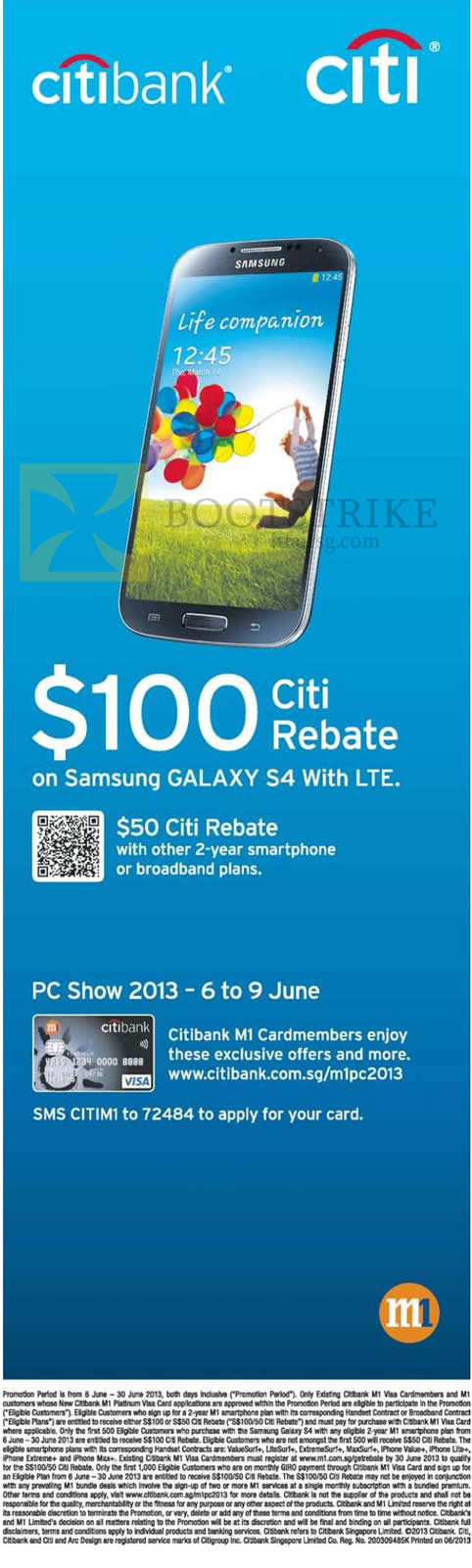 PC SHOW 2013 price list image brochure of M1 Mobile Citibank Rebates, Samsung Galaxy S4