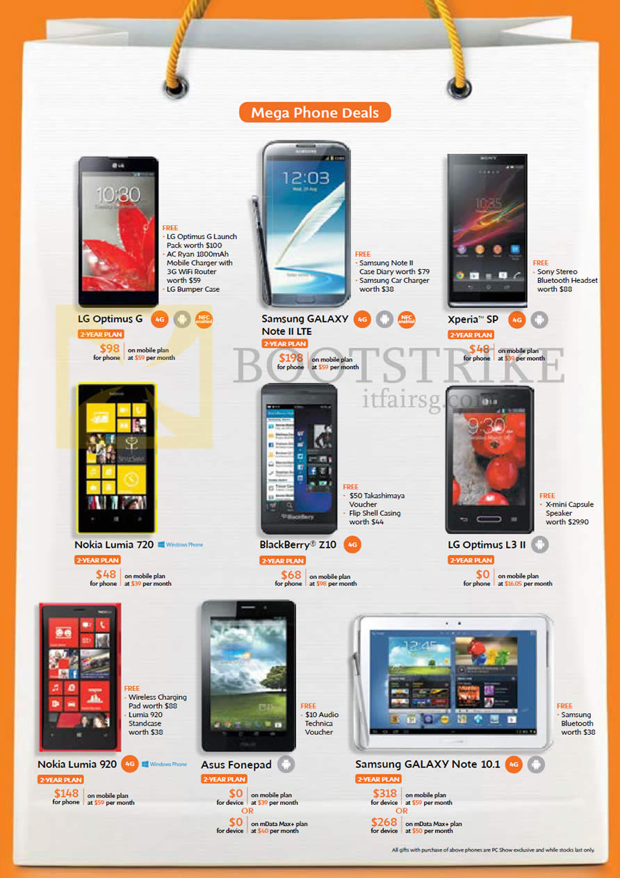 PC SHOW 2013 price list image brochure of M1 Mobile LG Optimus G, Samsung Galaxy Note II LTE, Note 10.1, Sony Xperia SP, Nokia Lumia 720, 920, ASUS Fonepad, Blackberry Z10, LG Optimus L3 II