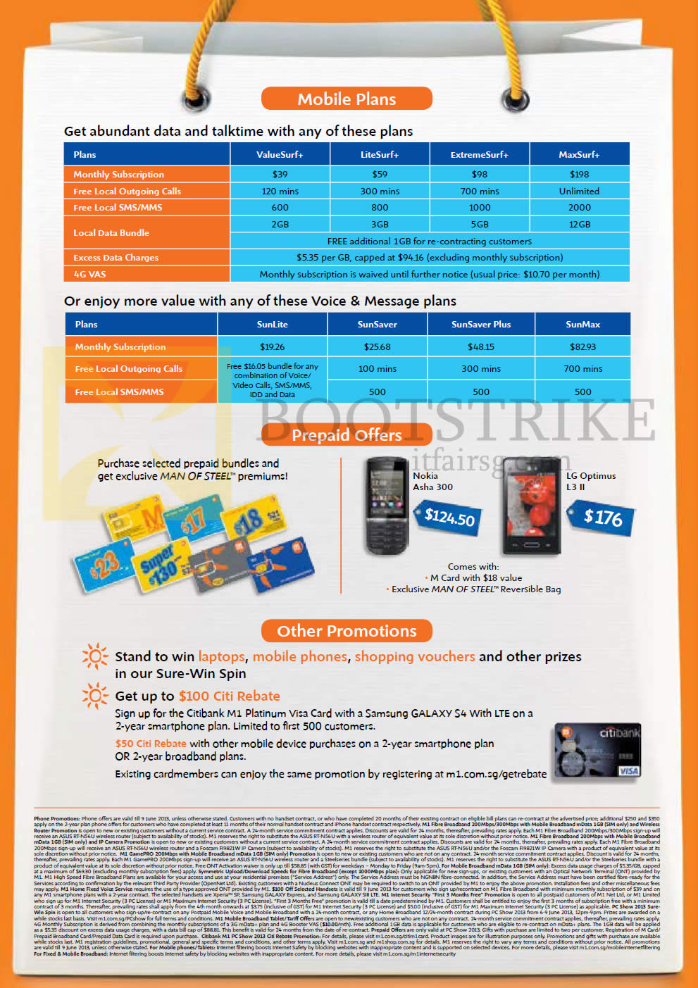 PC SHOW 2013 price list image brochure of M1 Mobile Plans, Prepaid M Card Nokia Asha 300, LG Optimus L3 II, Sure Win Spin, Citibank CitiRebate