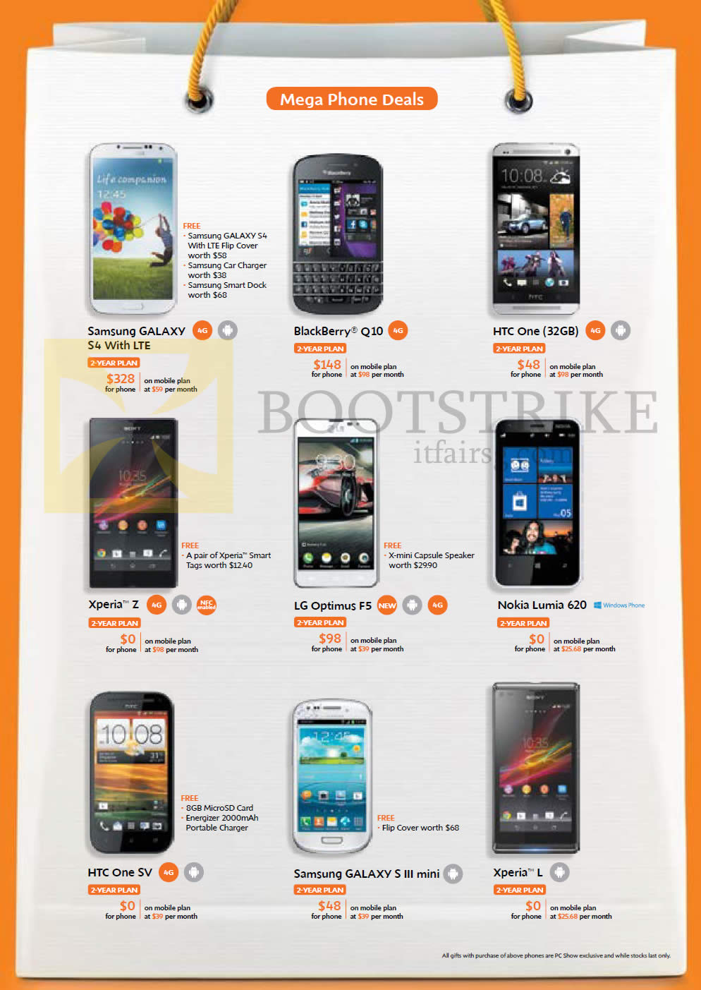 PC SHOW 2013 price list image brochure of M1 Mobile Samsung Galaxy S4, S III Mini, Blackberry Q10, HTC One, One SV, Sony Xperia Z, Xperia L, LG Optimus F5, Nokia Lumia 620