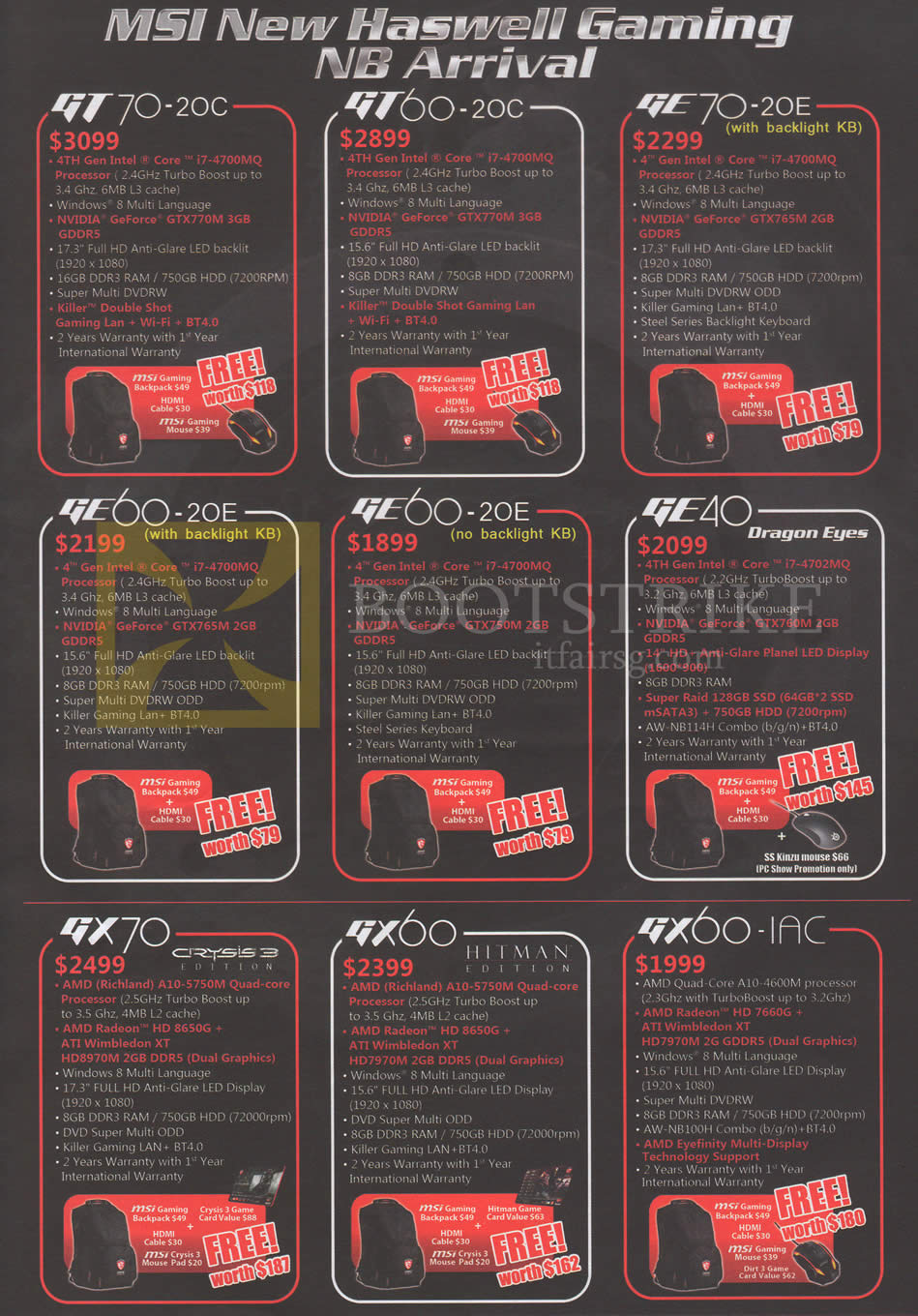 PC SHOW 2013 price list image brochure of MSI Notebooks GT70-20C, GT60-20C, GE70-20E, GE60-20E, GE40, GX70, GX60, GX60-IAC