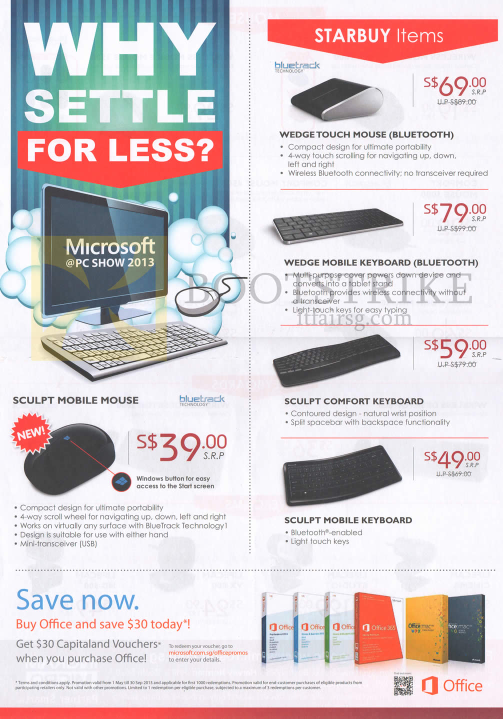 PC SHOW 2013 price list image brochure of Microsoft Mouse Wedge Touch, Keyboard Bluetooth, Sculpt Comfort, Mobile Mouse, Keyboard, Office 365 Software