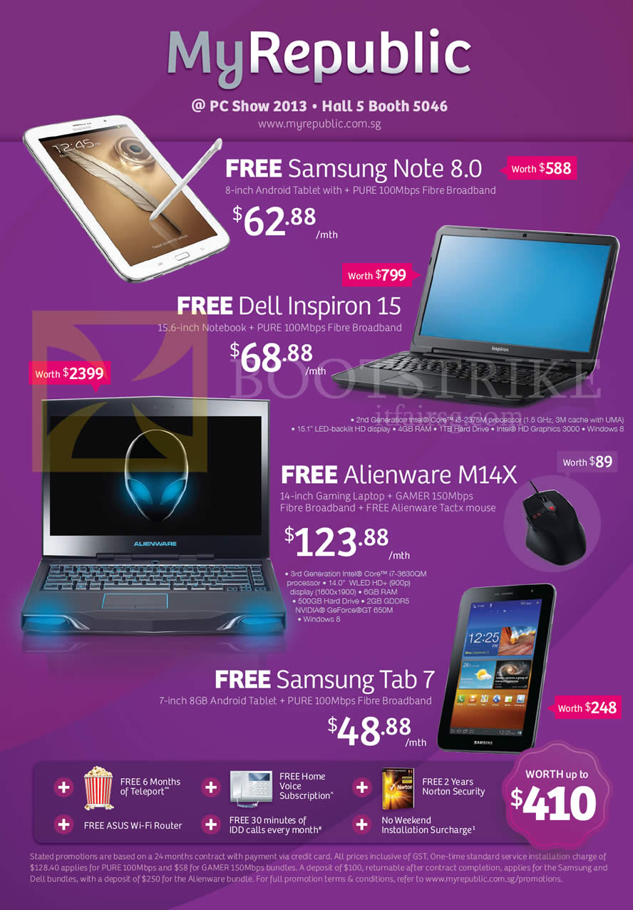 PC SHOW 2013 price list image brochure of MyRepublic Fibre Broadband Free Gifts Samsung Galaxy Note 8.0, Dell Alienware M14X, Samsung Galaxy Tab 7.0