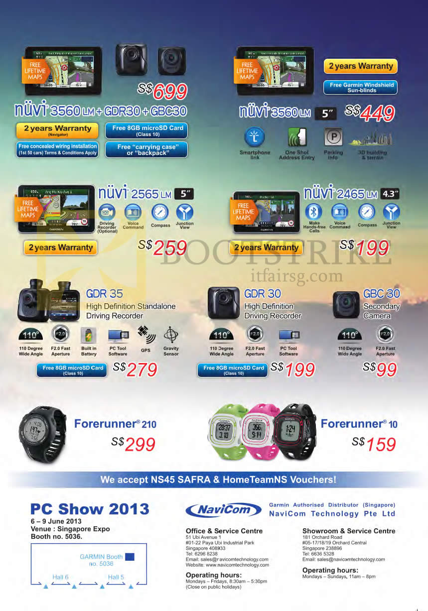 PC SHOW 2013 price list image brochure of Navicom Garmin GPS Navigators Nuvi 3560LM, 2565LM, 2465LM, GDR 35, GDR 30, GBC 30 Driving Video Recorder, Forerunner 210, 10
