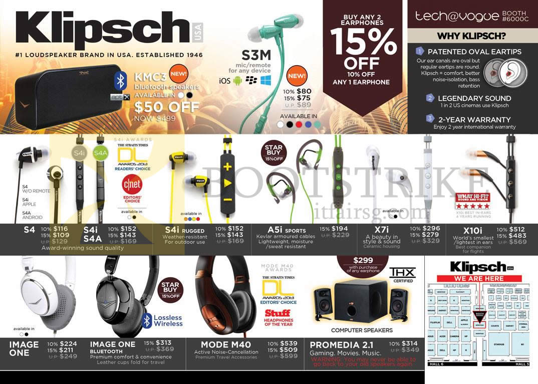 PC SHOW 2013 price list image brochure of Newstead Tech Vogue Klipsch KMC3 Bluetooth Speakers, Earphones S3M, S4, S4i, S4A, S4i, A5i, X7i, X10i, Headphones Image One, Mode M40, Promedia 2.1