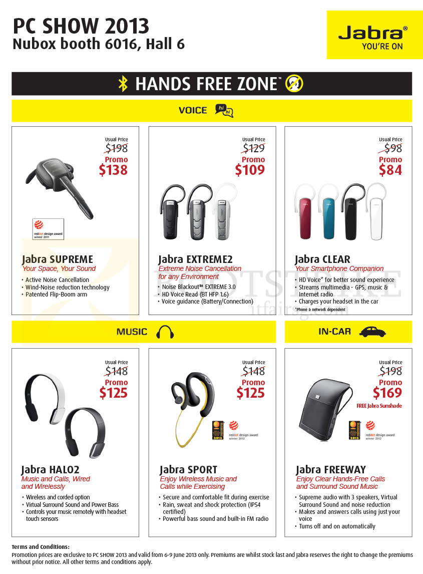 PC SHOW 2013 price list image brochure of Nubox Jabra Bluetooth Headsets Supreme, Extreme2, Clear, Halo2, Sport, Freeway