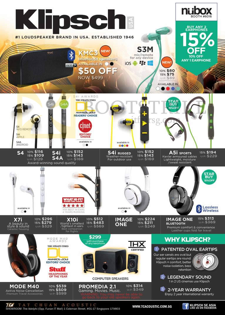 PC SHOW 2013 price list image brochure of Nubox Klipsch KMC3 Bluetooth Wireless Speakers, S3M Earphones, S4, S4i, S4A, A5i, X7i, X10i, Image One, Promedia 2.1, Mode M40 Headphones