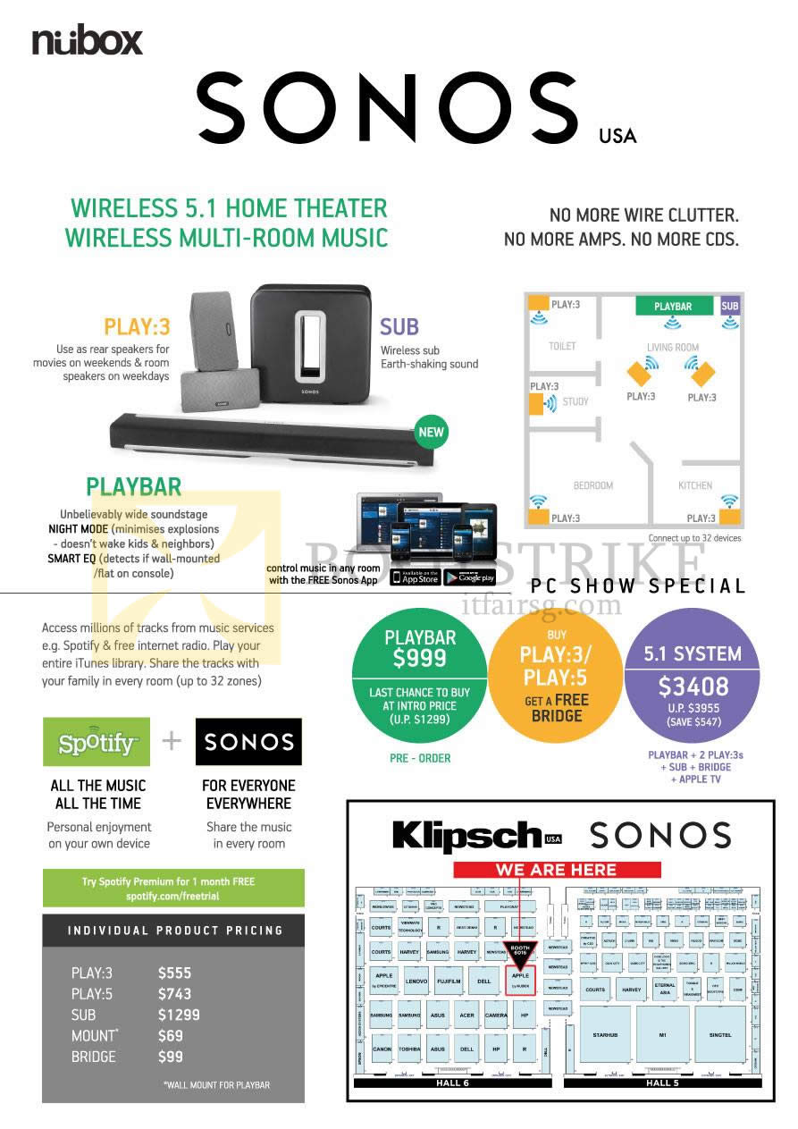 PC SHOW 2013 price list image brochure of Nubox Sonos Wireless 5.1 Home Theatre Wireless Multi Room Music, Playbar, Play, 5.1 System
