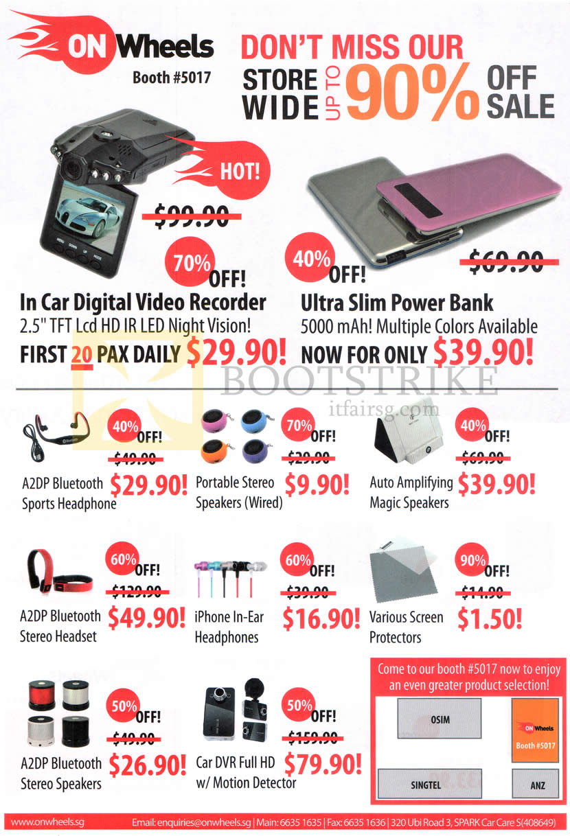 PC SHOW 2013 price list image brochure of On Wheels Bluetooth Headphone, Speakers, Amplify Magic Speakers, Bluetooth Headset, IPhone Headphone, Protector, Driving Video Recorder