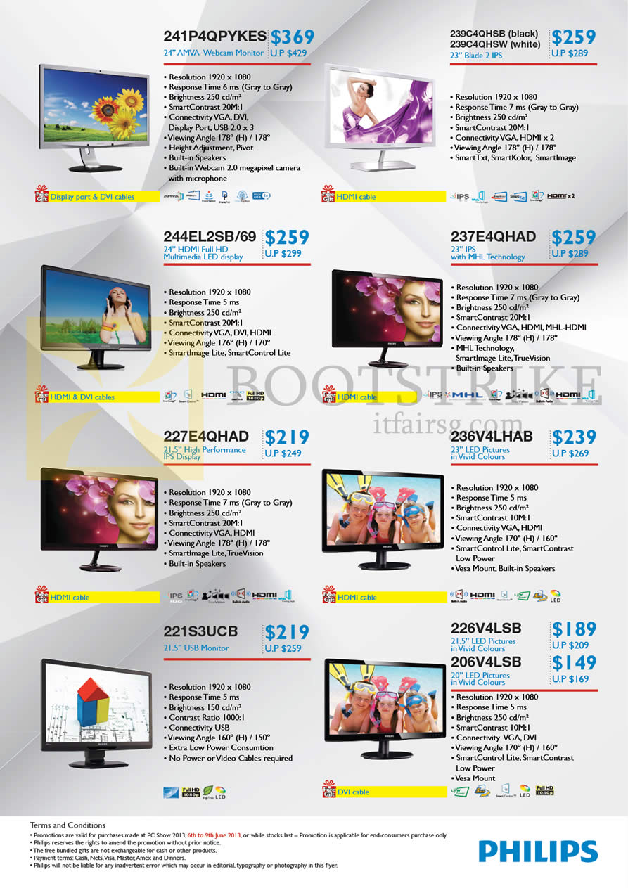 PC SHOW 2013 price list image brochure of Philips Monitors 241P4QPYKES, 239C4QHS, LED 244EL2SB 69, 237E4QHAD, 227E4QHAD, 236V4LHAB, 221S3UCB, 226V4LSB, 206V4LSB