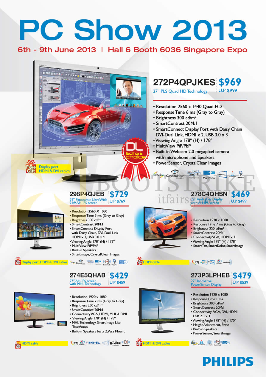 PC SHOW 2013 price list image brochure of Philips Monitors 272P4QPJKES, 298P4QJEB, 278C4QHSN, 274E5QHAB, 273P3LPHEB