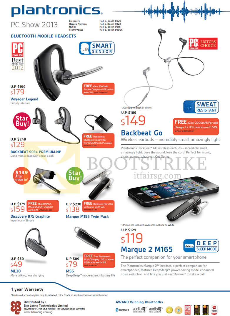 PC SHOW 2013 price list image brochure of Plantronics Bluetooth Headsets Voyager Legend, Backbeat Go, 903 Plus, Discovery 975 Graphite, Marque M155, M165, ML20, M55