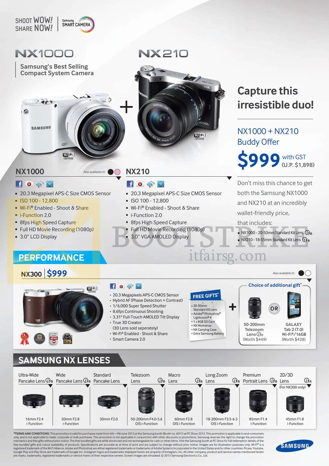 PC SHOW 2013 price list image brochure of Samsung Digital Cameras NX1000, NX210, NX300, NX Lenses