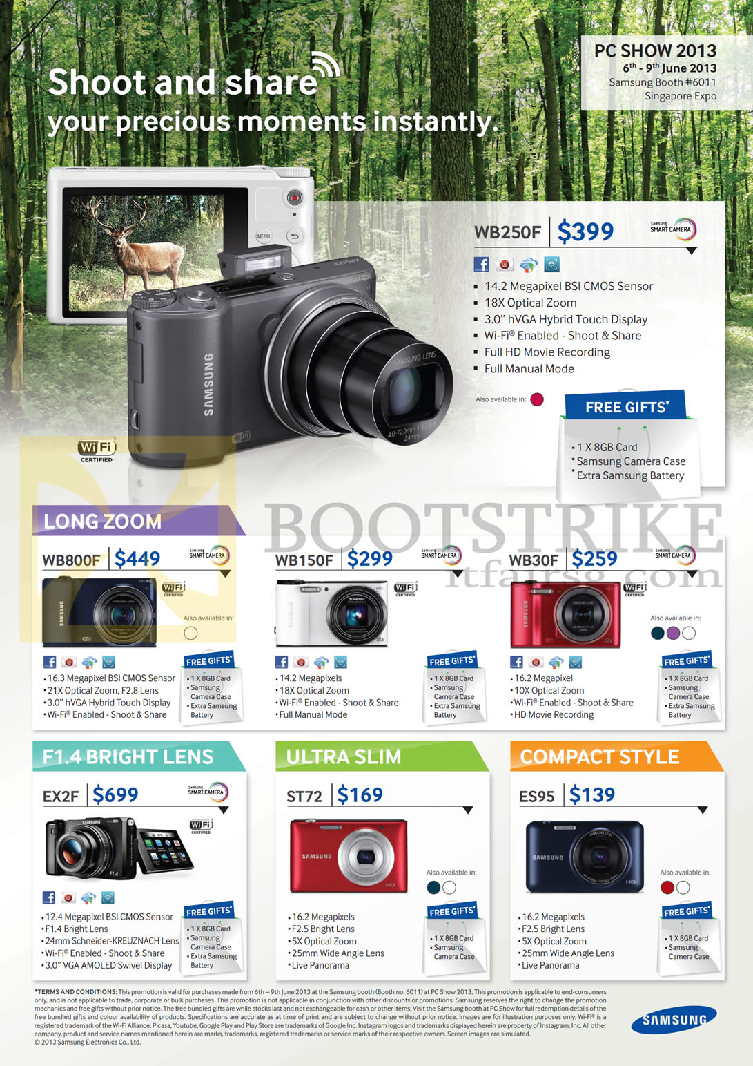 PC SHOW 2013 price list image brochure of Samsung Digital Cameras WB250F, WB800F, WB150F, AB30F, EX2F, St72, Es95